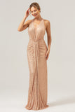 Sparkly Blush Mermaid Halter Ruched Long Prom Dress with Sequins