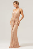 Sparkly Blush Mermaid Halter Ruched Long Prom Dress with Sequins