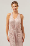 Sparkly Blush Mermaid Halter Ruched Long Prom Dress with Sequins