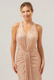 Sparkly Blush Mermaid Halter Ruched Long Prom Dress with Sequins