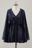 Sparkly A-Line Short Navy Holiday Party Dress with Long Sleeves