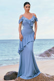 Grey Blue Cold Shoulder A-Line Chiffon Long Bridesmaid Dress with Ruffles