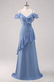 Grey Blue Cold Shoulder A-Line Chiffon Long Bridesmaid Dress with Ruffles