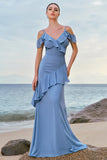 Grey Blue Cold Shoulder A-Line Chiffon Long Bridesmaid Dress with Ruffles