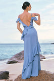 Grey Blue Cold Shoulder A-Line Chiffon Long Bridesmaid Dress with Ruffles