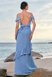 Grey Blue Cold Shoulder A-Line Chiffon Long Bridesmaid Dress with Ruffles