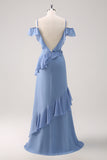 Grey Blue Cold Shoulder A-Line Chiffon Long Bridesmaid Dress with Ruffles