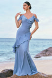 Grey Blue Cold Shoulder A-Line Chiffon Long Bridesmaid Dress with Ruffles