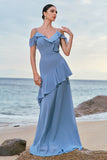 Grey Blue Cold Shoulder A-Line Chiffon Long Bridesmaid Dress with Ruffles