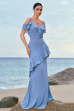 Grey Blue Cold Shoulder A-Line Chiffon Long Bridesmaid Dress with Ruffles