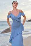 Grey Blue Cold Shoulder A-Line Chiffon Long Bridesmaid Dress with Ruffles