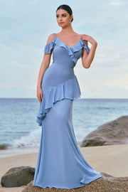 Grey Blue Cold Shoulder A-Line Chiffon Long Bridesmaid Dress with Ruffles