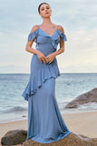 Grey Blue Cold Shoulder A-Line Chiffon Long Bridesmaid Dress with Ruffles