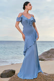 Grey Blue Cold Shoulder A-Line Chiffon Long Bridesmaid Dress with Ruffles