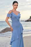 Grey Blue Cold Shoulder A-Line Chiffon Long Bridesmaid Dress with Ruffles