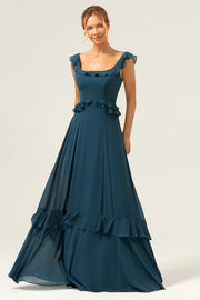 Dark Peacock Green A Line Square Neck Tiered Chiffon Long Bridesmaid Dress