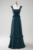 Dark Peacock Green A Line Square Neck Chiffon Long Bridesmaid Dress with Ruffles