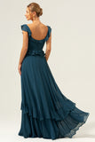 Dark Peacock Green A Line Square Neck Tiered Chiffon Long Bridesmaid Dress