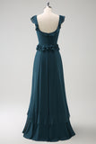 Dark Peacock Green A Line Square Neck Chiffon Long Bridesmaid Dress with Ruffles