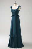 Dark Peacock Green A Line Square Neck Chiffon Long Bridesmaid Dress with Ruffles