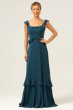 Dark Peacock Green A Line Square Neck Tiered Chiffon Long Bridesmaid Dress