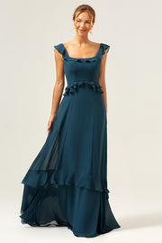 Dark Peacock Green A Line Square Neck Tiered Chiffon Long Bridesmaid Dress