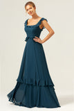 Dark Peacock Green A Line Square Neck Tiered Chiffon Long Bridesmaid Dress