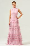 Blush Pink A Line High Neck Ruched Tiered Long Bridesmaid Dress with Lace Up Back