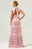 Blush Pink A Line High Neck Ruched Tiered Long Bridesmaid Dress with Lace Up Back