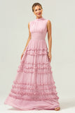 Blush Pink A Line High Neck Ruched Tiered Long Bridesmaid Dress with Lace Up Back