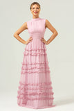 Blush Pink A Line High Neck Ruched Tiered Long Bridesmaid Dress with Lace Up Back