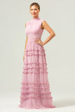 Blush Pink A Line High Neck Ruched Tiered Long Bridesmaid Dress with Lace Up Back