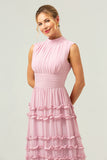 Blush Pink A Line High Neck Ruched Tiered Long Bridesmaid Dress with Lace Up Back