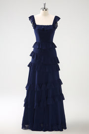 Dark Navy A Line Square Neck Floor Length Ruffle Bridesmaid Dress