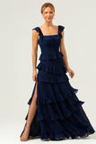 Dark Navy A-Line Square Neck Tiered Long Bridesmaid Dress