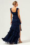 Dark Navy A-Line Square Neck Tiered Long Bridesmaid Dress