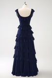 Dark Navy A Line Square Neck Floor Length Ruffle Bridesmaid Dress