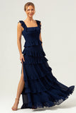 Dark Navy A-Line Square Neck Tiered Long Bridesmaid Dress