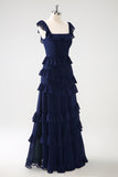 Dark Navy A Line Square Neck Floor Length Ruffle Bridesmaid Dress