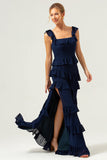 Dark Navy A-Line Square Neck Tiered Long Bridesmaid Dress