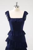 Dark Navy A Line Square Neck Floor Length Ruffle Bridesmaid Dress