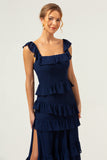 Dark Navy A-Line Square Neck Tiered Long Bridesmaid Dress