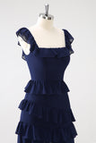 Dark Navy A Line Square Neck Floor Length Ruffle Bridesmaid Dress