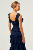 Dark Navy A-Line Square Neck Tiered Long Bridesmaid Dress