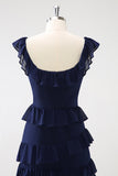 Dark Navy A Line Square Neck Floor Length Ruffle Bridesmaid Dress