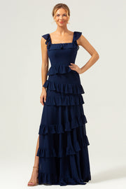 Dark Navy A-Line Square Neck Tiered Long Bridesmaid Dress