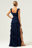 Dark Navy A-Line Square Neck Tiered Long Bridesmaid Dress