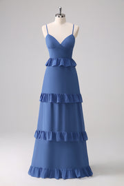 Dark Blue A-Line Chiffon Tiered Long Bridesmaid Dress with Lace Up Back