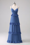 Dark Blue A-Line Chiffon Tiered Long Bridesmaid Dress with Lace Up Back