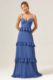 Dark Blue A-Line Spaghetti Straps Tiered Long Bridesmaid Dress with Lace Up Back